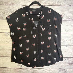 Torrid Black Blouse Size 14-16 French Bulldogs Button Down Dolman Short Sleeve